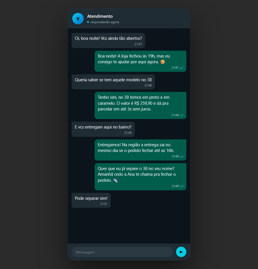 Exemplo de conversa no WhatsApp entre cliente e agente de IA fora do horário comercial
